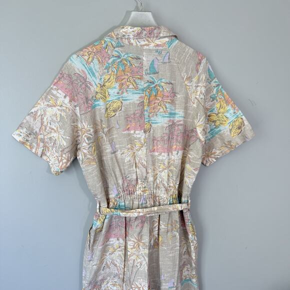 GAP Linen Jumpsuit Womens 8 Beige Tropical Floral Button Front Collared Belted - Picture 6 of 8